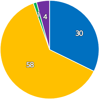 공약추진 현황 원형그래프 - 파란색:30, 빨간색:0, 노랑색:58, 초록색:1, 보라색:4