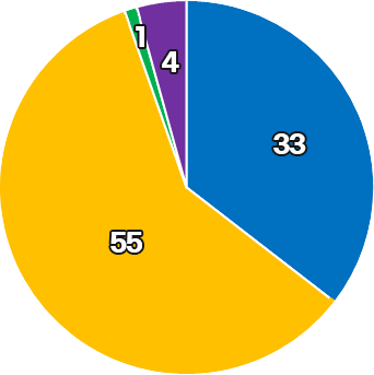 공약추진 현황 원형그래프 - 파란색:33, 빨간색:0, 노랑색:55, 초록색:1, 보라색:4